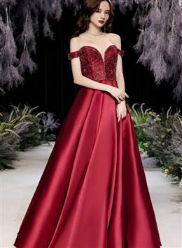 Picture of Burgundy Beaded Satin Long Off Shoulder Formal Dresses, A-line Sweetheart Party Dresses